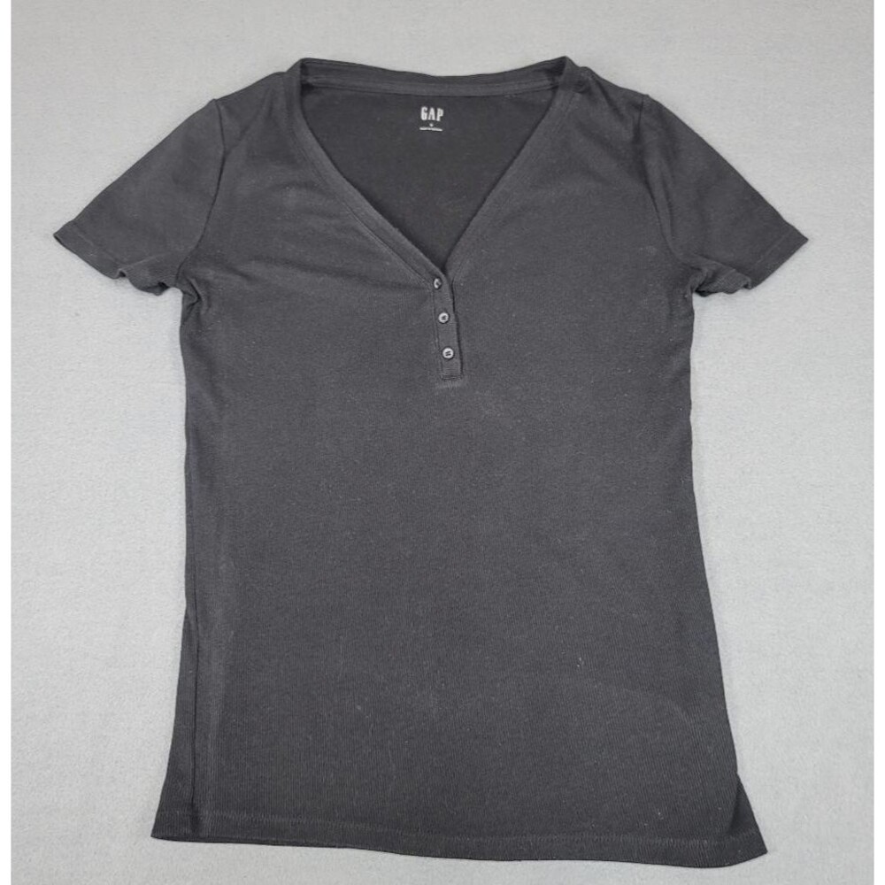 Gap Women's Ribbed Short Sleeve Henley T Shirt V Neck Black Size Small